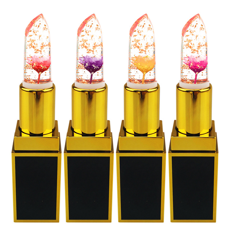 跨境金箔果凍口紅 無LOGO炫彩口紅Lipstick滋潤唇膏透明花朵口紅OEM代加工