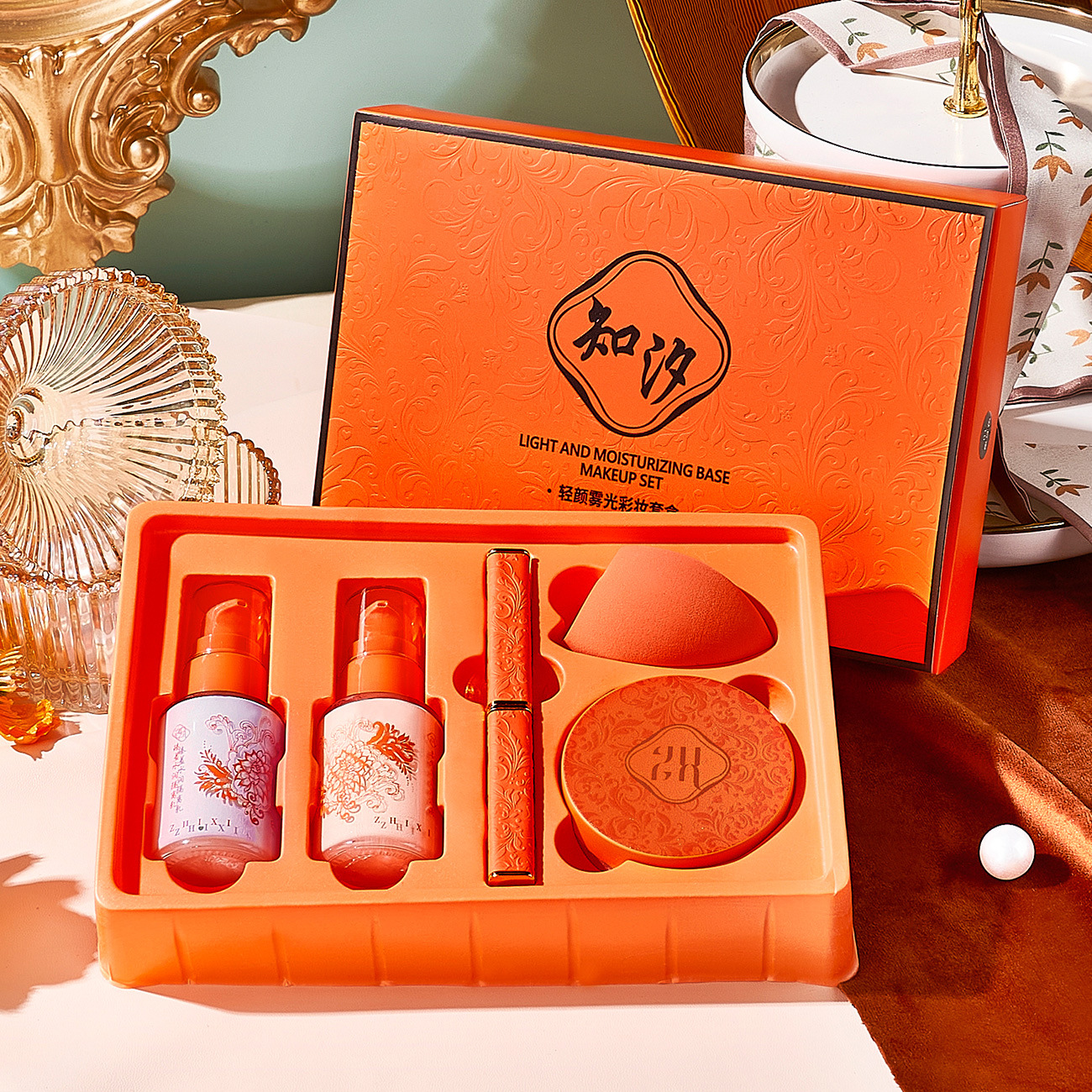 爆款彩妝隔離遮瑕保濕粉底液散粉口紅五件套裝禮盒全套組合初學(xué)者OEM代加工